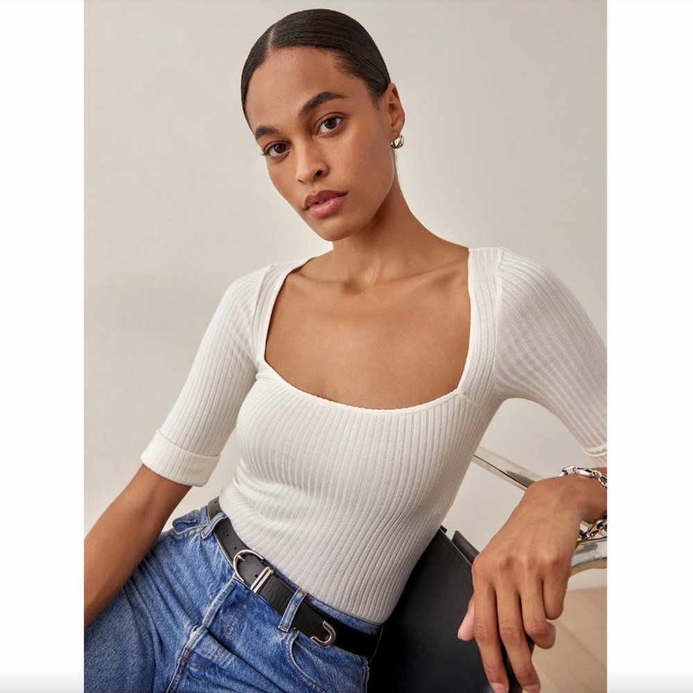 Reformation “Leanne” White Ribbed Scoop Neck Short Sleeve Top